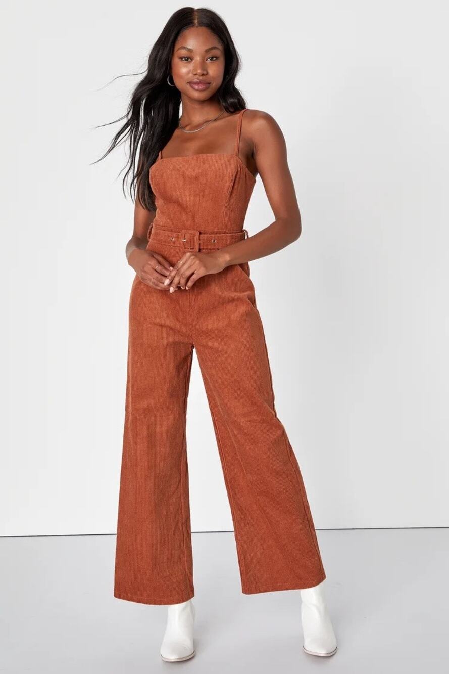 Lulus Seasonal Charm Rust Orange Corduroy Belted Wide-Leg Jumpsuit Size S